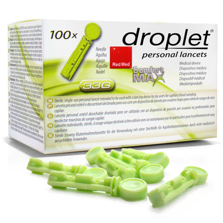 Lancety Droplet Comfort MAX 33G - 100 sztuk do nakłuwaczy, testy z krwi kapilarnej